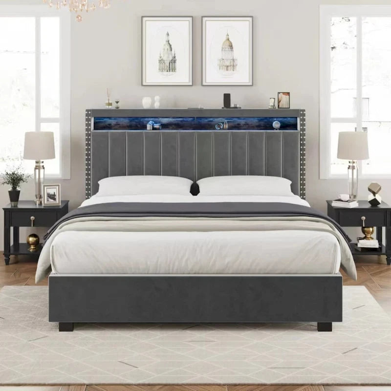 Lit de rangement avec vérins à gaz, taille Queen, bleu/gris avec lumières LED