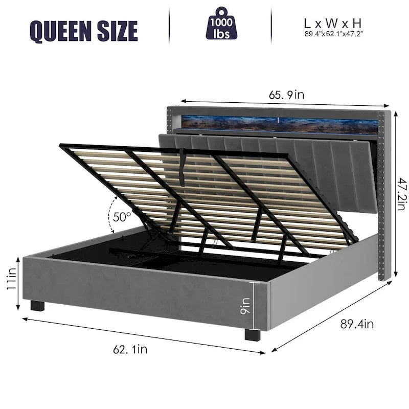 Lit de rangement avec vérins à gaz, taille Queen, bleu/gris avec lumières LED