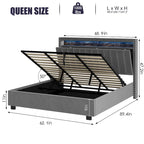 Lit de rangement avec vérins à gaz, taille Queen, bleu/gris avec lumières LED