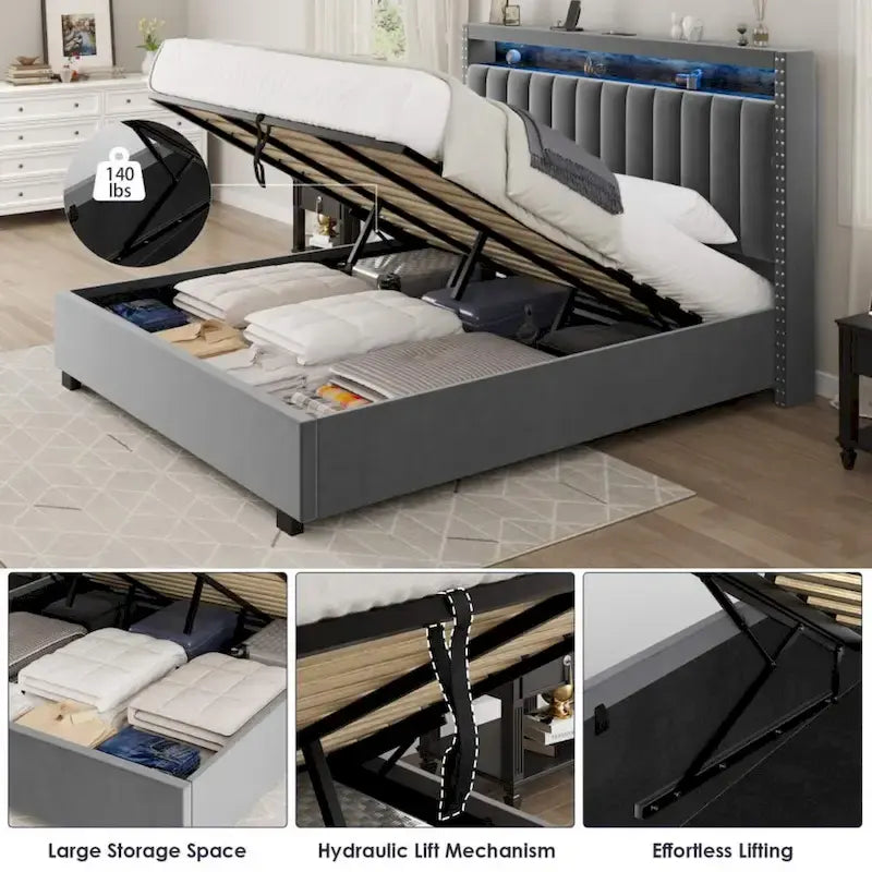 Lit de rangement avec vérins à gaz, taille Queen, bleu/gris avec lumières LED