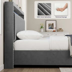 Lit de rangement avec vérins à gaz, taille Queen, bleu/gris avec lumières LED