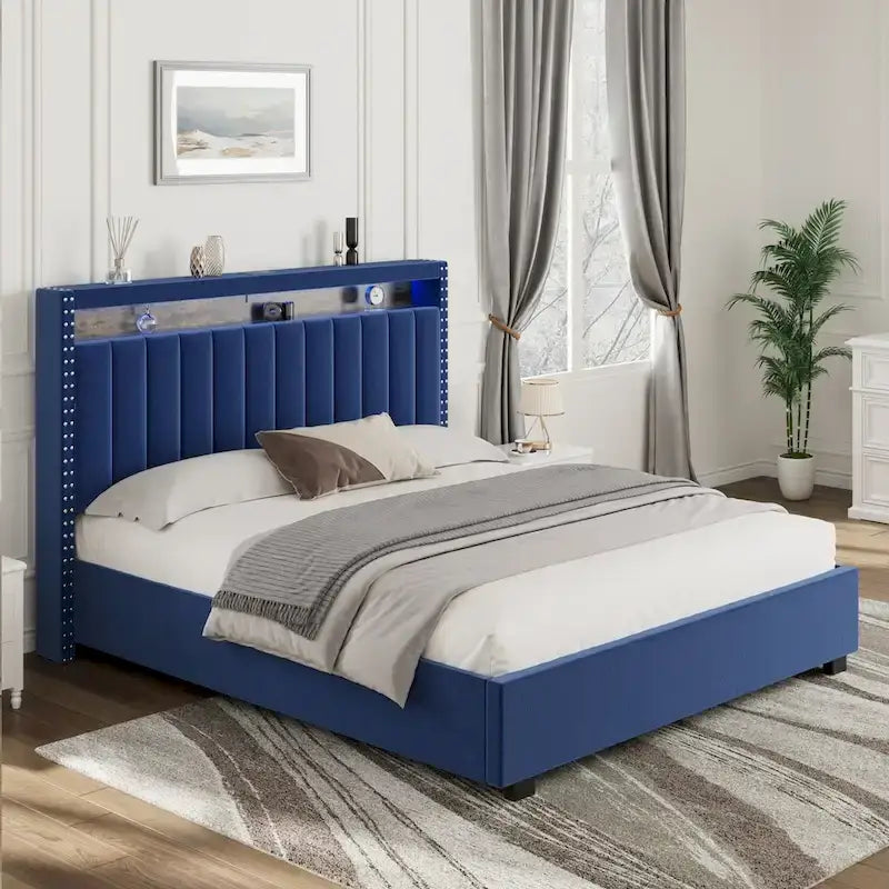Lit de rangement avec vérins à gaz, taille Queen, bleu/gris avec lumières LED