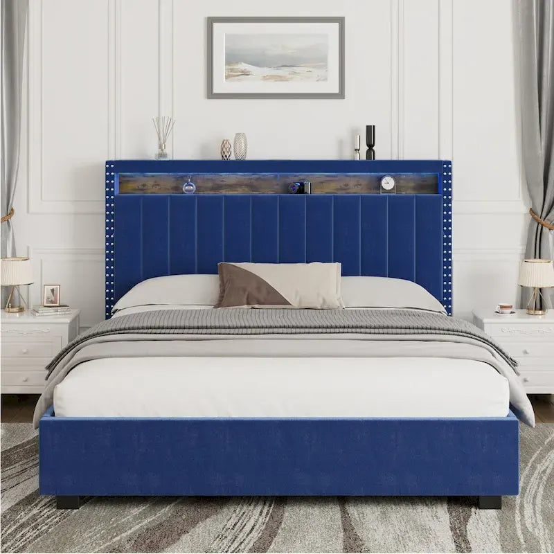 Lit de rangement avec vérins à gaz, taille Queen, bleu/gris avec lumières LED