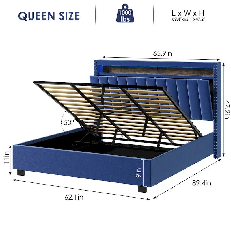 Lit de rangement avec vérins à gaz, taille Queen, bleu/gris avec lumières LED