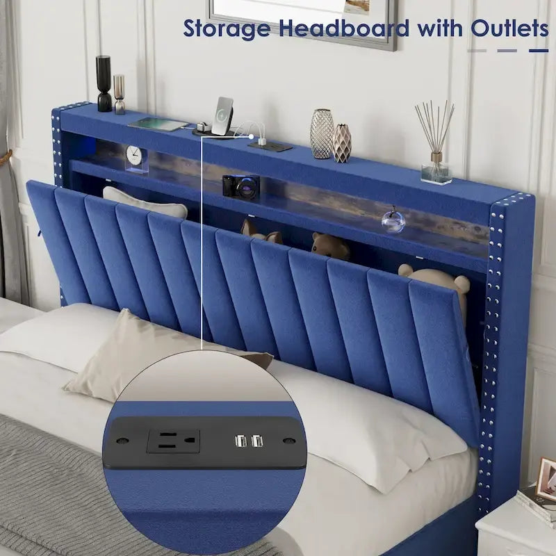 Lit de rangement avec vérins à gaz, taille Queen, bleu/gris avec lumières LED