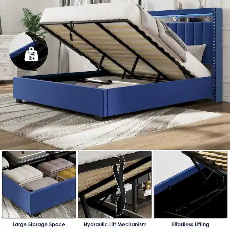Lit de rangement avec vérins à gaz, taille Queen, bleu/gris avec lumières LED