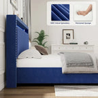 Lit de rangement avec vérins à gaz, taille Queen, bleu/gris avec lumières LED