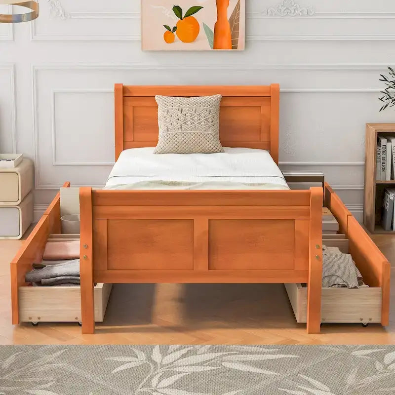 Lit plateforme jumeau en bois avec 4 tiroirs et tête de lit – Chêne / Espresso / Gris / Blanc, 1 personne