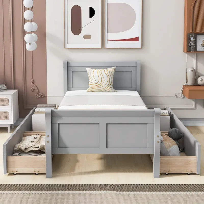 Lit plateforme jumeau en bois avec 4 tiroirs et tête de lit – Chêne / Espresso / Gris / Blanc, 1 personne