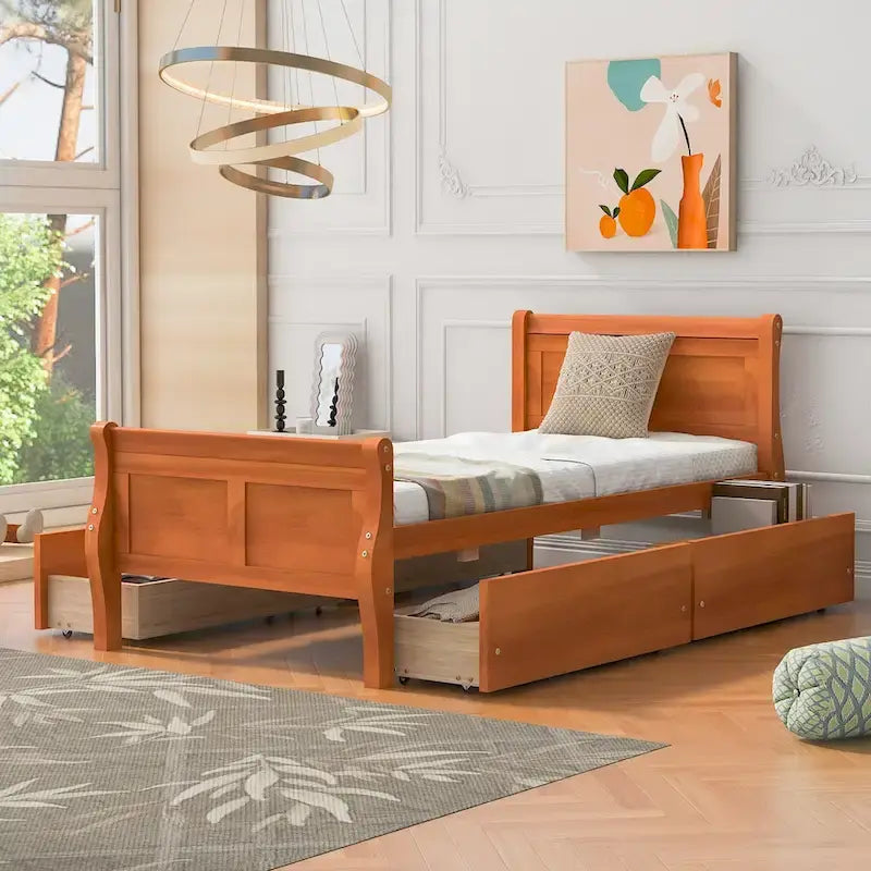 Lit plateforme jumeau en bois avec 4 tiroirs et tête de lit – Chêne / Espresso / Gris / Blanc, 1 personne