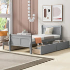 Lit plateforme jumeau en bois avec 4 tiroirs et tête de lit – Chêne / Espresso / Gris / Blanc, 1 personne