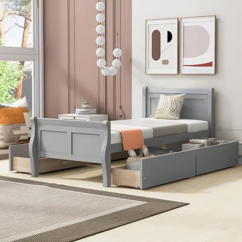 Lit plateforme jumeau en bois avec 4 tiroirs et tête de lit – Chêne / Espresso / Gris / Blanc, 1 personne
