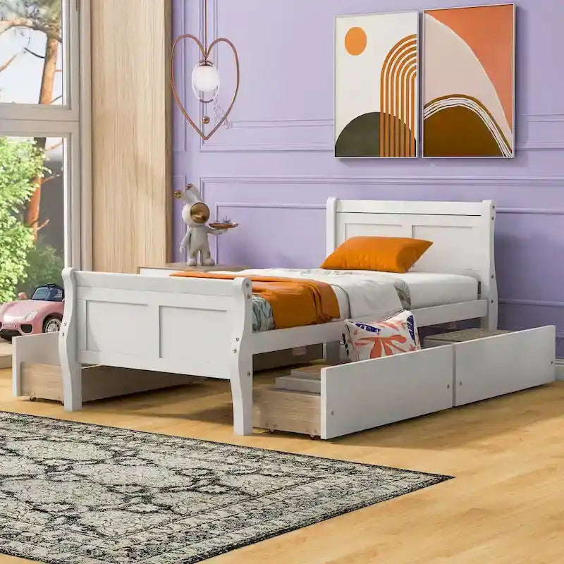 Lit plateforme jumeau en bois avec 4 tiroirs et tête de lit – Chêne / Espresso / Gris / Blanc, 1 personne