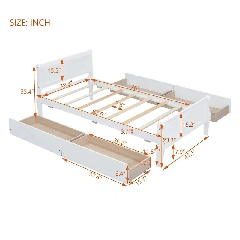 Lit plateforme jumeau en bois avec 4 tiroirs et tête de lit – Chêne / Espresso / Gris / Blanc, 1 personne