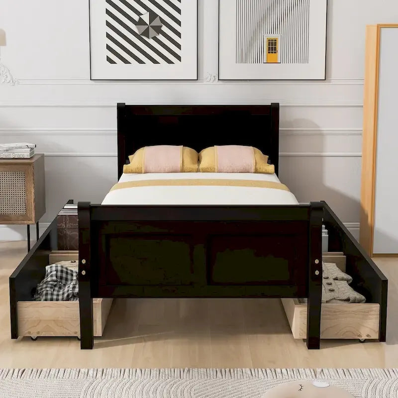 Lit plateforme jumeau en bois avec 4 tiroirs et tête de lit – Chêne / Espresso / Gris / Blanc, 1 personne
