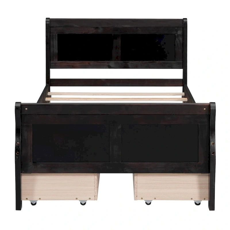 Lit plateforme jumeau en bois avec 4 tiroirs et tête de lit – Chêne / Espresso / Gris / Blanc, 1 personne