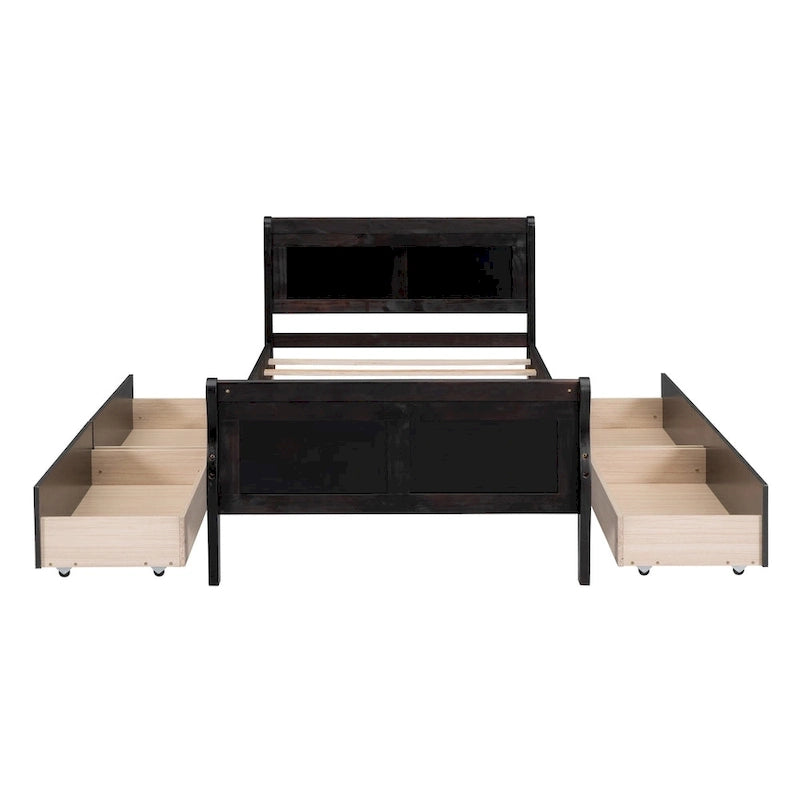 Lit plateforme jumeau en bois avec 4 tiroirs et tête de lit – Chêne / Espresso / Gris / Blanc, 1 personne