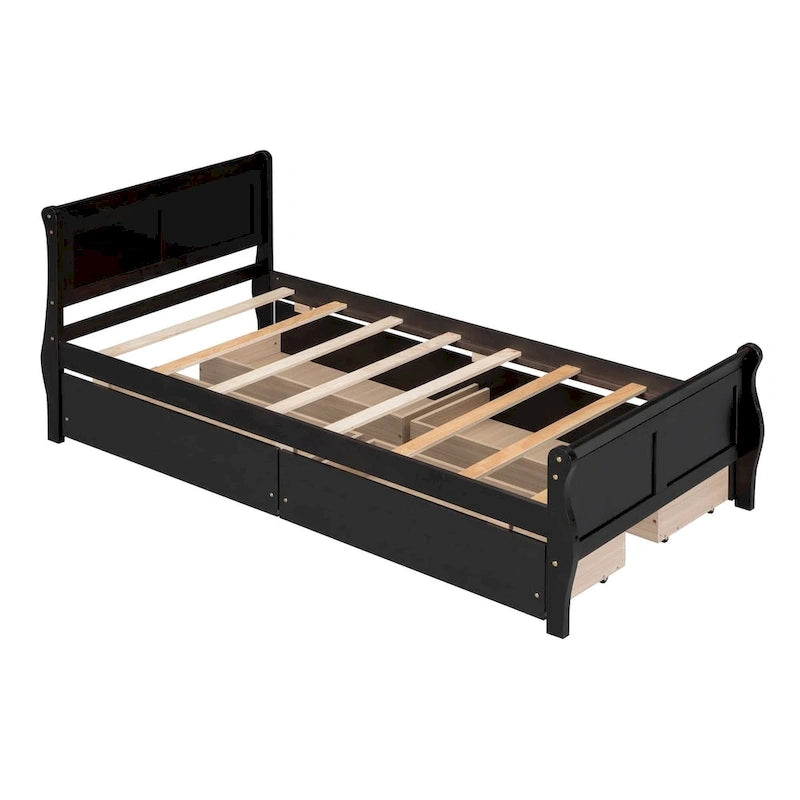 Lit plateforme jumeau en bois avec 4 tiroirs et tête de lit – Chêne / Espresso / Gris / Blanc, 1 personne