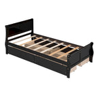Lit plateforme jumeau en bois avec 4 tiroirs et tête de lit – Chêne / Espresso / Gris / Blanc, 1 personne