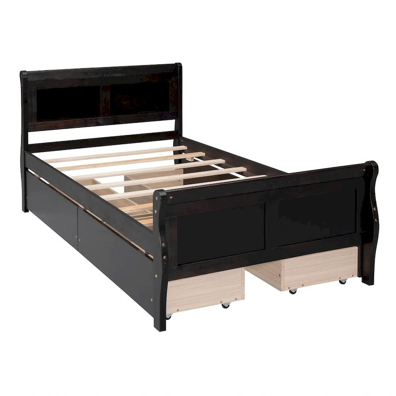 Lit plateforme jumeau en bois avec 4 tiroirs et tête de lit – Chêne / Espresso / Gris / Blanc, 1 personne