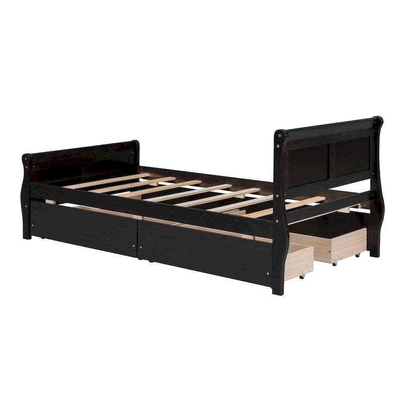 Lit plateforme jumeau en bois avec 4 tiroirs et tête de lit – Chêne / Espresso / Gris / Blanc, 1 personne