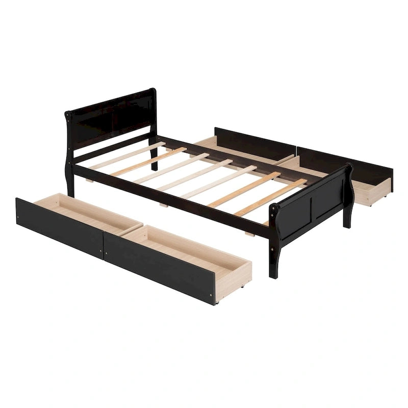 Lit plateforme jumeau en bois avec 4 tiroirs et tête de lit – Chêne / Espresso / Gris / Blanc, 1 personne