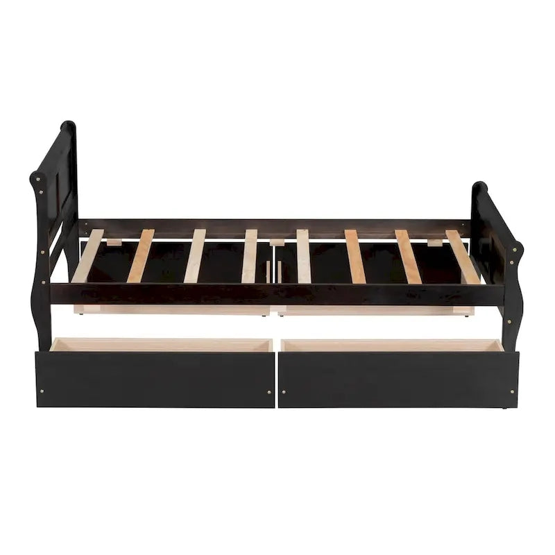 Lit plateforme jumeau en bois avec 4 tiroirs et tête de lit – Chêne / Espresso / Gris / Blanc, 1 personne