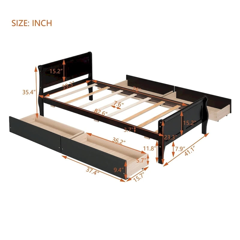 Lit plateforme jumeau en bois avec 4 tiroirs et tête de lit – Chêne / Espresso / Gris / Blanc, 1 personne