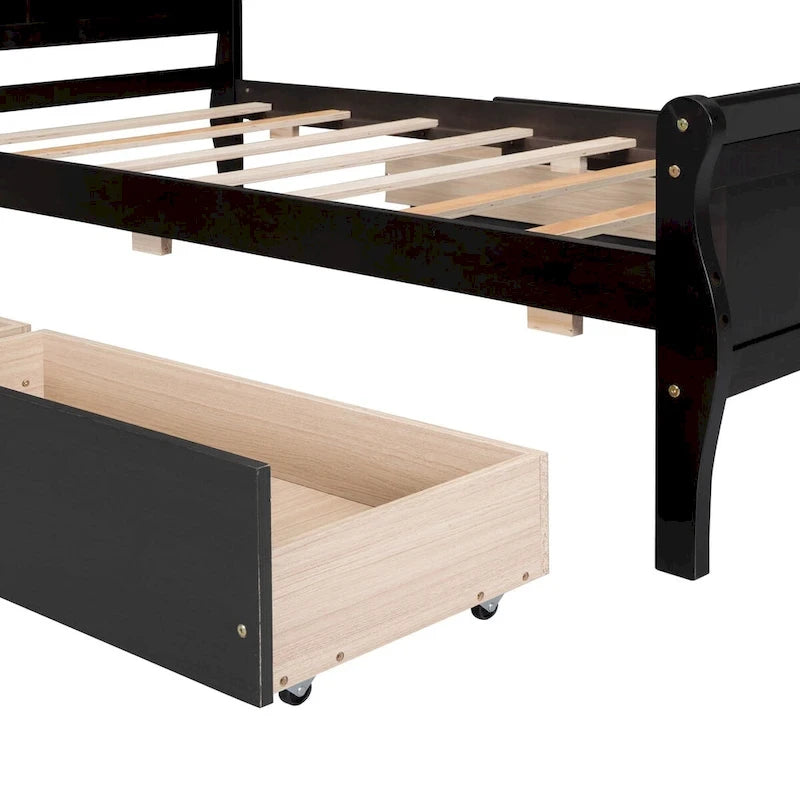 Lit plateforme jumeau en bois avec 4 tiroirs et tête de lit – Chêne / Espresso / Gris / Blanc, 1 personne