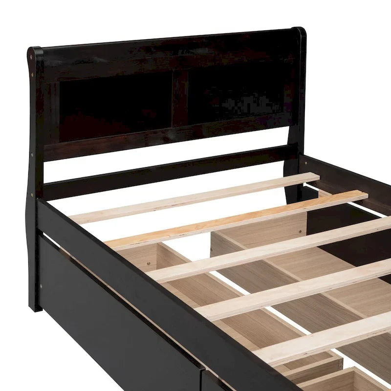 Lit plateforme jumeau en bois avec 4 tiroirs et tête de lit – Chêne / Espresso / Gris / Blanc, 1 personne