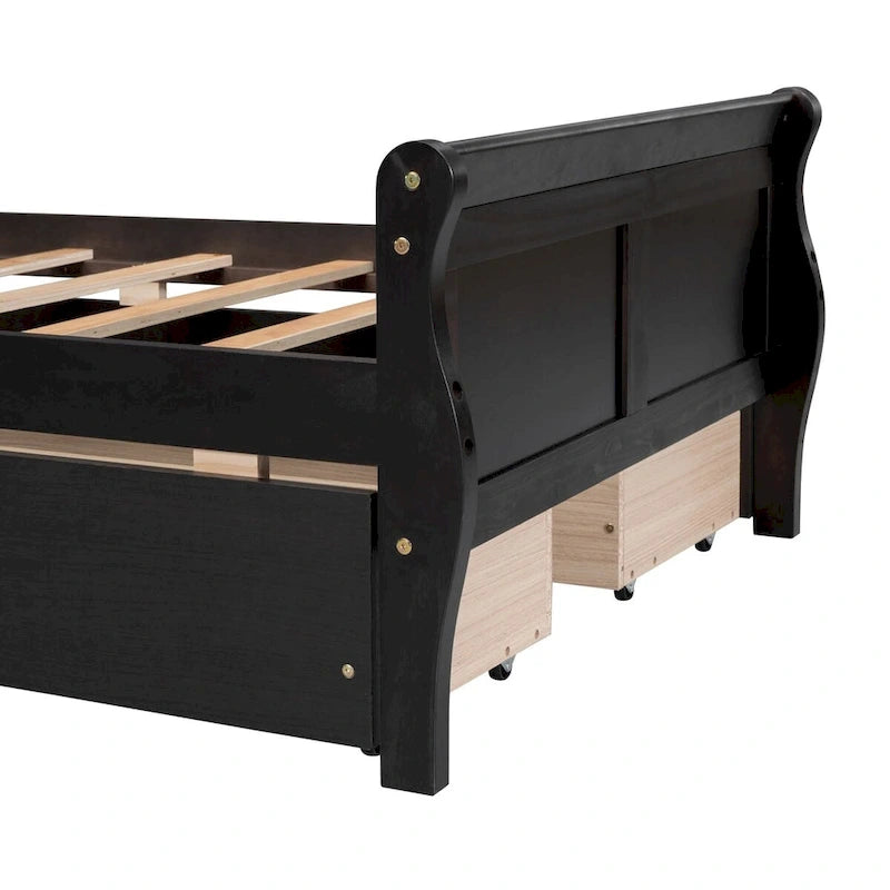 Lit plateforme jumeau en bois avec 4 tiroirs et tête de lit – Chêne / Espresso / Gris / Blanc, 1 personne