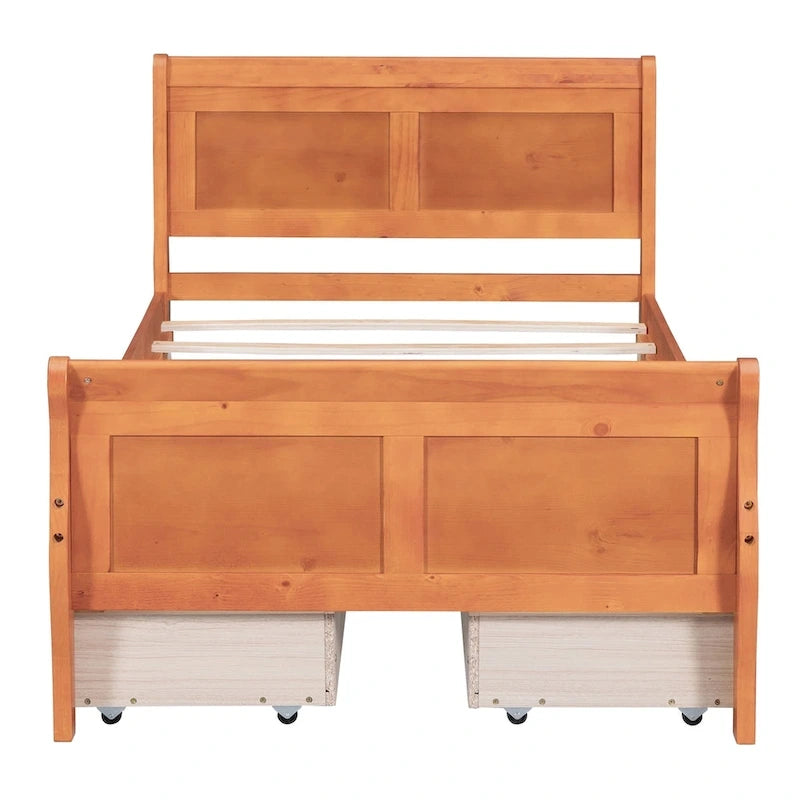 Lit plateforme jumeau en bois avec 4 tiroirs et tête de lit – Chêne / Espresso / Gris / Blanc, 1 personne