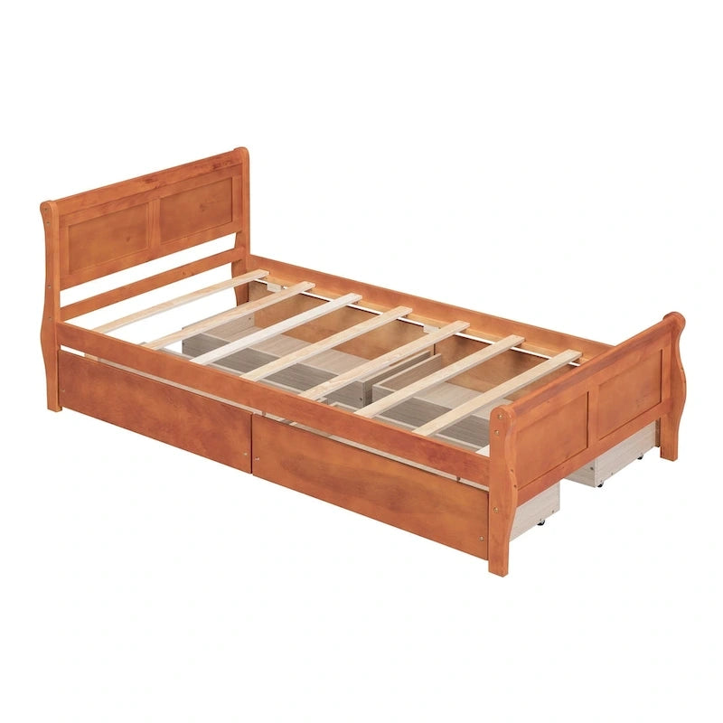 Lit plateforme jumeau en bois avec 4 tiroirs et tête de lit – Chêne / Espresso / Gris / Blanc, 1 personne
