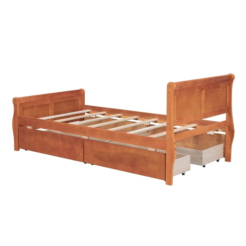 Lit plateforme jumeau en bois avec 4 tiroirs et tête de lit – Chêne / Espresso / Gris / Blanc, 1 personne
