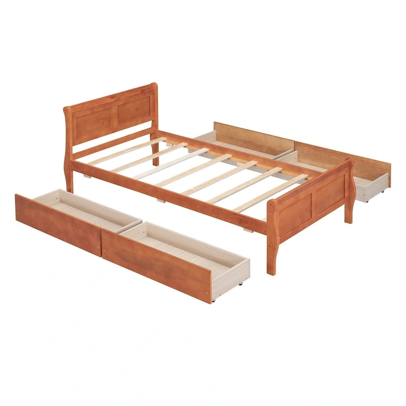Lit plateforme jumeau en bois avec 4 tiroirs et tête de lit – Chêne / Espresso / Gris / Blanc, 1 personne