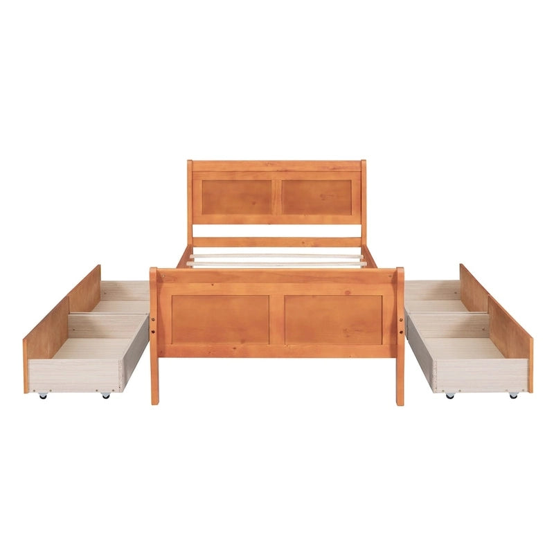 Lit plateforme jumeau en bois avec 4 tiroirs et tête de lit – Chêne / Espresso / Gris / Blanc, 1 personne