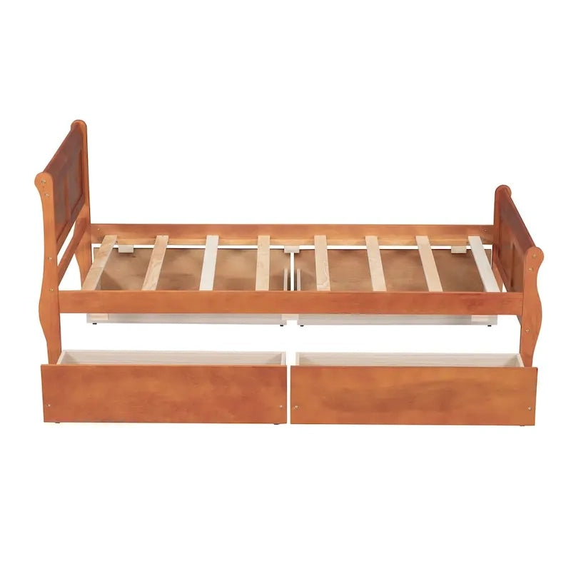 Lit plateforme jumeau en bois avec 4 tiroirs et tête de lit – Chêne / Espresso / Gris / Blanc, 1 personne