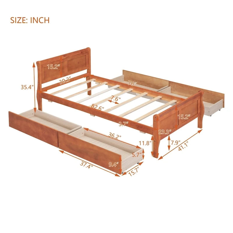 Lit plateforme jumeau en bois avec 4 tiroirs et tête de lit – Chêne / Espresso / Gris / Blanc, 1 personne