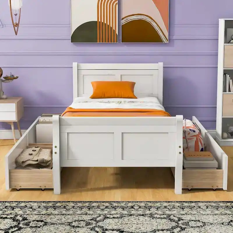 Lit plateforme jumeau en bois avec 4 tiroirs et tête de lit – Chêne / Espresso / Gris / Blanc, 1 personne