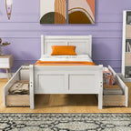 Lit plateforme jumeau en bois avec 4 tiroirs et tête de lit – Chêne / Espresso / Gris / Blanc, 1 personne