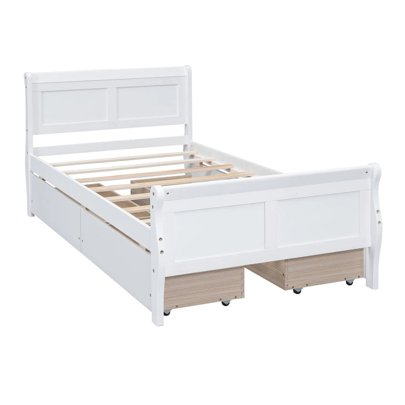 Lit plateforme jumeau en bois avec 4 tiroirs et tête de lit – Chêne / Espresso / Gris / Blanc, 1 personne