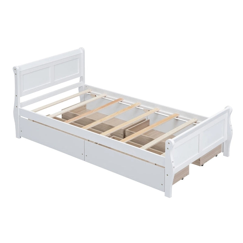 Lit plateforme jumeau en bois avec 4 tiroirs et tête de lit – Chêne / Espresso / Gris / Blanc, 1 personne