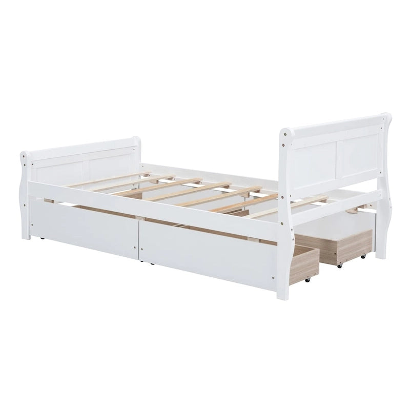 Lit plateforme jumeau en bois avec 4 tiroirs et tête de lit – Chêne / Espresso / Gris / Blanc, 1 personne