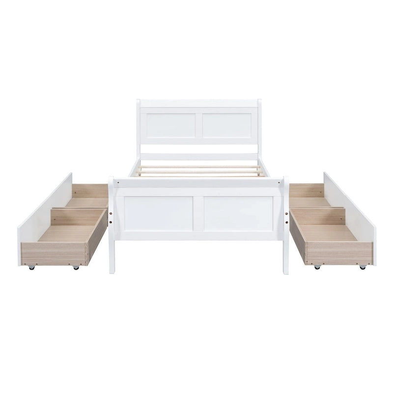 Lit plateforme jumeau en bois avec 4 tiroirs et tête de lit – Chêne / Espresso / Gris / Blanc, 1 personne