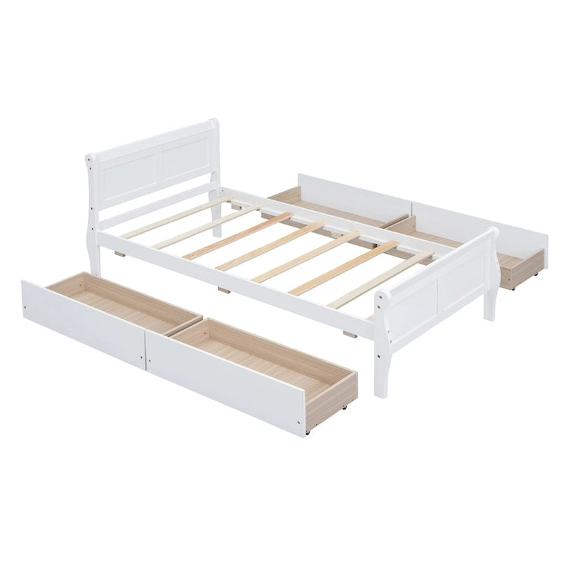 Lit plateforme jumeau en bois avec 4 tiroirs et tête de lit – Chêne / Espresso / Gris / Blanc, 1 personne