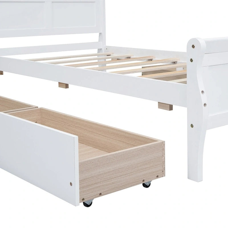 Lit plateforme jumeau en bois avec 4 tiroirs et tête de lit – Chêne / Espresso / Gris / Blanc, 1 personne