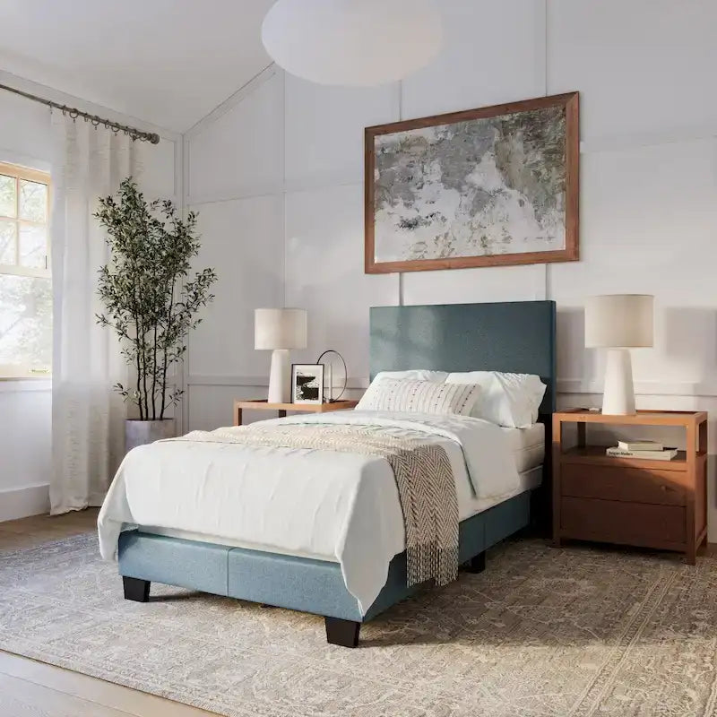 Lit simple/jumeau rembourré en tissu bleu/gris/beige – 1 personne