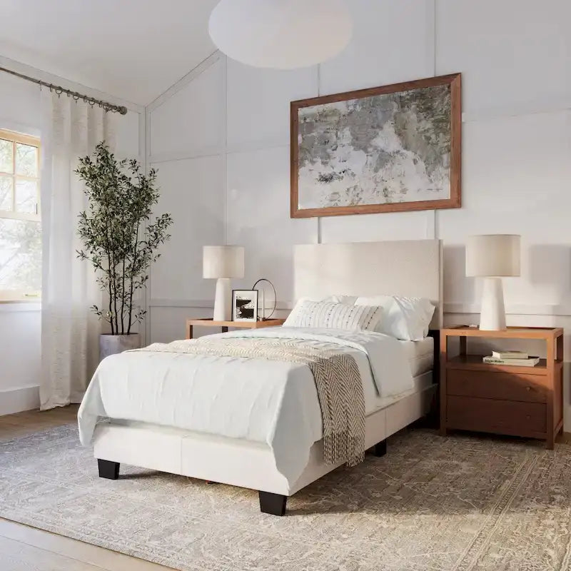 Lit simple/jumeau rembourré en tissu bleu/gris/beige – 1 personne
