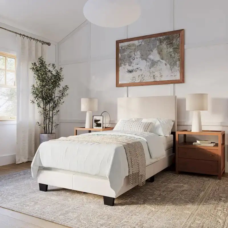 Lit simple/jumeau rembourré en tissu bleu/gris/beige – 1 personne