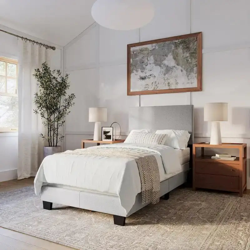 Lit simple/jumeau rembourré en tissu bleu/gris/beige – 1 personne